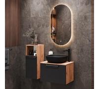 Planetmöbel Astra Set mobili bagno con mobile sottolavabo 60 cm, 1 armadio midi rovere dorato antracite, lavabo da appoggio 42 cm nero