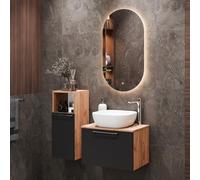 Planetmöbel Astra Set mobili bagno con mobile sottolavabo 60 cm, 1 armadio midi rovere dorato antracite, lavabo da appoggio 42 cm bianco, specchio (con LED) 50 cm