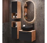 Planetmöbel Astra Set mobili bagno con mobile sottolavabo 60 cm, 2 armadi midi rovere dorato antracite, lavabo da appoggio 42 cm nero