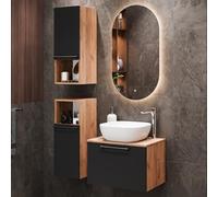 Planetmöbel Astra Set mobili bagno con mobile sottolavabo 60 cm, 2 armadi midi rovere dorato antracite, lavabo da appoggio 42 cm bianco