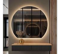 Planetmöbel Aube - Set guardaroba per corridoio, tavolo consolle da 100 cm, con specchio con illuminazione semicircolare, consolle da parete 100 x 16 x 35 cm (rovere dorato/nero), specchio da parete