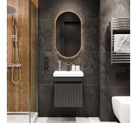 Planetmöbel Cosmia Set di mobili da bagno con mobiletto 50 x 60 x 35 cm, colore antracite, specchio da bagno con illuminazione 50 cm, lavabo con porta