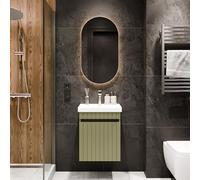 Planetmöbel Cosmia - Set di mobili da bagno con mobiletto da 50 x 60 x 35 cm, colore verde menta, specchio con illuminazione da 50 cm, rubinetto da bagno Gold Brush, lavabo in ceramica con cassetto