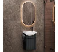 Planetmöbel lavabo con base da 40 cm con lavandino bagno in ceramica e specchio ovale con illuminazione, set di mobili da bagno per WC ospiti, antracite opaco