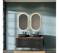 Planetmöbel LUX Set di mobili da bagno, composto da lavandino da 140 cm con mobiletto alla base, 2 lavabi soprapiano da 60 cm neri, 2 specchi da 50 cm (senza LED) Mobiletto sottolavabo Oro Rovere