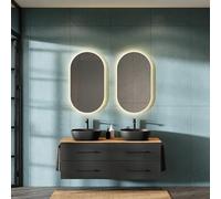 Planetmöbel LUX Set di mobili da bagno, composto da lavandino da 140 cm con mobiletto alla base, 2 lavabi soprapiano da 42 cm neri, 2 specchi da 50 cm (senza LED) Mobiletto sottolavabo Oro Rovere