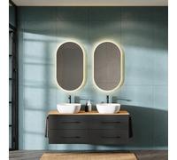 Planetmöbel LUX - Set di mobili da bagno con mobiletto da 140 cm, 2 lavandini da 42 cm, bianco, 2 specchi da 50 cm (senza LED), mobiletto lavandino, colore: oro quercia/antracite