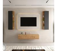 Planetmöbel Mobile TV, Tavolo TV 140 cm di lunghezza, 2x Armadi TV 40x130x17 cm sospesi per il soggiorno, 1x Mobili bassi 140x30x37,8 cm, Rovere oro