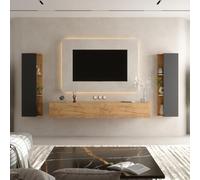 Planetmöbel Mobile TV, Tavolo TV 200 cm di lunghezza, 2x Armadi TV 40x130x17 cm sospesi per il soggiorno, 2x Mobili bassi 100x30x37,8 cm, Rovere oro