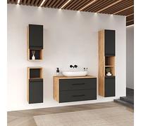 Planetmöbel Set completo di mobili da bagno 90 cm rovere oro/antracite, mobiletto con lavabo da appoggio, 2x mobile midi e colonna LUX 30 cm