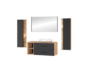 Planetmöbel Set completo di mobili da bagno Set | completo di mobili da bagno 4 pezzi 120 cm con lavabo da appoggio e 2x mobiletto laterale, nei colori rovere oro/antracite