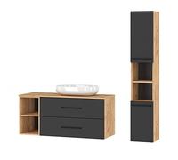 Planetmöbel Set completo di mobili da bagno Set completo di mobili da bagno da 4 pezzi 120 cm con lavabo da appoggio e mobile alto, nei colori rovere oro/antracite