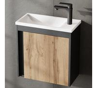 Planetmöbel Set da bagno - 2 pezzi - Lavabo con mobile basso, 50 x 48,3 x 24,8 cm, grigio opaco/rovere Wotan, sottolavabo con lavabo a inserto - bianco
