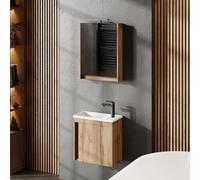 Planetmöbel Set di mobili da bagno, 3 pezzi, lavabo con mobiletto, 50 x 48,3 x 24,8 cm, in rovere Wotan, armadietto a specchio, 50 x 65 x 11,4 cm, con lampada a LED