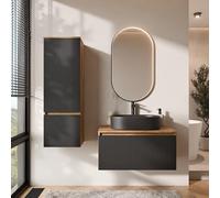 Planetmöbel - Set di mobili da bagno Arisa, composto da lavabo con mobile basso da 80 cm in rovere oro (con effetto rigato) con specchio Glora e mobile alto, lavabo da 55 cm nero, incluso sifone