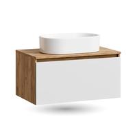 Planetmöbel - Set di mobili da bagno Arisa, mobile sottolavabo 80 cm in rovere bianco dorato, lavabo 55 cm bianco, incl. sifone salvaspazio