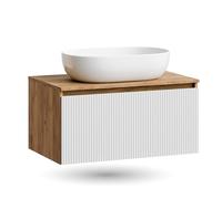 Planetmöbel - Set di mobili da bagno Arisa, mobile sottolavabo 80 cm in rovere Gold Eiche bianco (con nervature), lavabo 60 cm bianco, incluso sifone salvaspazio