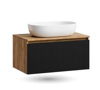Planetmöbel - Set di mobili da bagno, armadietto lavabo da 80 cm, in rovere Arisa, nero (con nervature), lavabo 60 cm bianco, incluso sifone salvaspazio