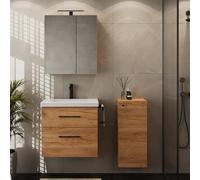 Planetmöbel Set di mobili da bagno lavabo con mobiletto 63 x 60 x 36,5 cm, armadietto a specchio 60 cm con luce LED (nero opaco) e presa, con armadio midi, per bagno e WC ospiti, rovere oro