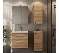 Planetmöbel Set di mobili da bagno lavabo con mobiletto 63 x 60 x 36,5 cm, armadietto a specchio 60 cm con luce LED (nero opaco) e presa, con 2X armadi midi, per bagno e WC ospiti, rovere Sonoma