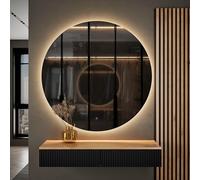 Planetmöbel Set guardaroba per corridoio, tavolo consolle da 100 cm, con specchio con illuminazione rotondo (senza cornice), console da parete 100 x 16 x 35 cm (rovere dorato/nero), specchio da parete