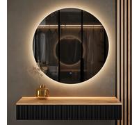 Planetmöbel Set guardaroba per corridoio, tavolo consolle da 100 cm, con specchio con illuminazione rotondo (senza cornice), console da parete 100 x 16 x 35 cm (rovere dorato/nero), specchio da parete