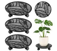 Planterhoma Confezione da 3 supporti per piante rotanti da 30,5 cm, con ruote, in metallo, resistenti, con ruote in metallo, supporto rotondo per piante in ferro battuto con foglie tropicali