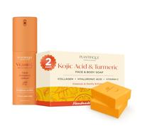 PLANTIFIQUE Kojic Acid Soap - Sapone Esfoliante Viso e Corpo - Saponetta Detergente Solida - 2 Pezzi & Olio Massaggio Illuminante Vitamina C per Gua Sha Lifting, 30 ml