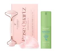 PLANTIFIQUE Rullo Viso di Quarzo Rosa e Gua Sha - Roller e Guasha Pietra Massaggiatore Antirughe & Siero Viso Jojoba Massage Bio Oil - Olio Puro Massaggiatore per Gua Sha, 30 ml
