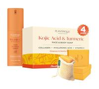 PLANTIFIQUE Siero Viso Antirughe e Antimacchie - Olio Massaggio Illuminante Vitamina C per Gua Sha Lifting, 30 ml & Kojic Acid Soap - Sapone Esfoliante Viso e Corpo con Sacchetto in Rete - 4 Pezzi