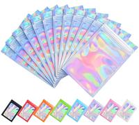 Plaphy 100 Bustine Olografiche con Zip e Foro per Sospensione, Sacchetti Mylar in Alluminio Richiudibili, Buste Trasparenti Ermetiche per Alimenti e Confezionamento (Effetto Olografico, 14 x 22 cm)