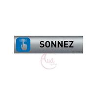 Plaque de porte aluminium brossé imprimé -Dimensions 200 x 50 mm - Double face adhésif au dos - Impression UV directement sur l'aluminium (Pas de contre collage) (Sonnez)