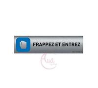 Plaque de porte aluminium brossé imprimé -Dimensions 200 x 50 mm - Double face adhésif au dos - Impression UV directement sur l'aluminium (Pas de contre collage) (Frappez et entrez)