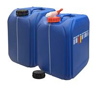 plasteo® 2 taniche per acqua da 20 litri, blu con 1 rubinetto, con strisce e scala in incrementi da 5 litri, per alimenti, senza BPA, approvazione di pericolo, impilabili, stoccaggio di emergenza