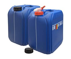 plasteo® 2 taniche per acqua da 20 litri, blu con 1 rubinetto, con strisce e scala in incrementi da 5 litri, per alimenti, senza BPA, approvazione di pericolo, impilabili, stoccaggio di emergenza