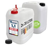 plasteo 2 taniche per acqua potabile da 20 l, naturali con tappo a vite e rubinetto, senza BPA, per alimenti, portatili, campeggio, auto, attività all'aperto, made in Germany