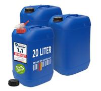 plasteo 3 taniche per bevande da 20 litri con 1 rubinetto e 3 coperchi a vite (DIN 61), per alimenti, senza BPA, portatili, blu