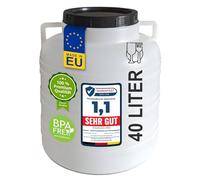 plasteo® 40 litri Botte a bocca larga con coperchio e manici, rotondo, naturale, adatto per alimenti e privo di BPA, contenitore in plastica, barile universale, barile con coperchio, botte per acqua