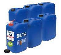 plasteo 6 taniche per bevande da 20 litri con 1 rubinetto e 6 coperchi a vite (DIN 61), per alimenti, senza BPA, portatili, blu