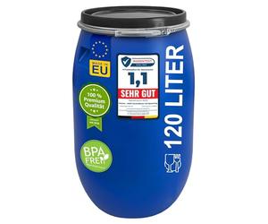 plasteo Barile a bocca larga da 120 litri con coperchio e anello tenditore, in plastica, universale, adatto per alimenti, acqua, pioggia, stoccaggio, con cavità