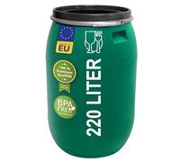 Plasteo® - Barile a collo largo, 220 litri, con coperchio e anello di serraggio, HDPE, senza BPA, adatto per alimenti, versatile come barile per alimenti, cibo, bidone per acqua piovana (verde con