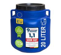 plasteo® Bidone a collo largo da 20 litri con coperchio e manici, quadrato, blu, per alimenti e senza BPA, contenitore per alimenti, fusto in plastica, coperchio universale, barile per acqua