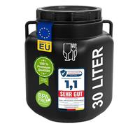 plasteo® Fusto a bocca larga da 30 litri con coperchio e maniglie, angolare nero, adatto per alimenti e privo di BPA, contenitore in plastica universale, fusto con coperchio, fusto per acqua, cisterna