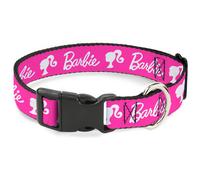 Plastic Clip Collar BARBIE Script Signature Logo and Silhouette Hot Pink/White S