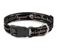 Plastic Clip Collar BD Skull LIVE FAST AS LIGHTNING Black/Light Orange NARROW-La