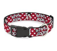 Plastic Clip Collar BETTY BOOP Seated Leg Kick Pose and Text Hearts Red/White/Bl