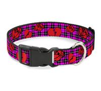 Plastic Clip Collar Broken Hearts & Roses w/Fuchsia Plaid WIDE-Large 20-31"