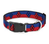 Plastic Clip Collar Harley Quinn Diamond/Stripe Red/Blue NARROW-Small 7-8.5"