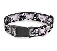 Plastic Clip Collar Heart & Cross Bones w/Skulls & Splatter Black/White WIDE-Med