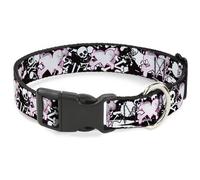 Plastic Clip Collar Heart & Cross Bones w/Skulls & Splatter Black/White WIDE-Med